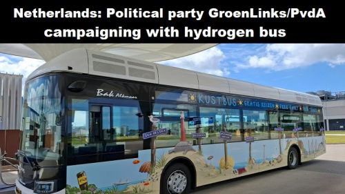 Nederland: politieke partij GroenLinks/PvdA op campagne met waterstofbus