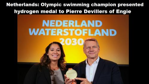 Nederland: olympisch zwemkampioen overhandigt waterstof-medaille aan Pierre Devillers van Engie